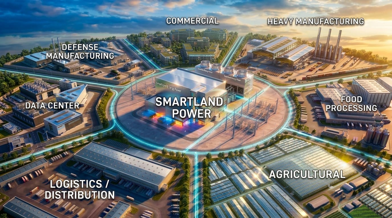 Smartland Power: central generation site delivering dedicated behind-the-meter power to data center, heavy manufacturing, defense manufacturing, commercial, food processing, agricultural, and logistics offtakers